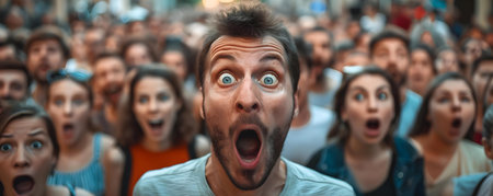 A lively and astonished crowd displaying intense excitement and surprise. Concept Excited Reactions, Surprised Reactions, Astonished Audience, Lively Crowd, Intense Emotionsの素材