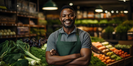"Cheerful African Small Business Owner at Green Grocer Shop Selling Fresh Farm Produce." Concept Small Business, African Owner, Green Grocer Shop, Farm Produce, Fresh Goodsの素材