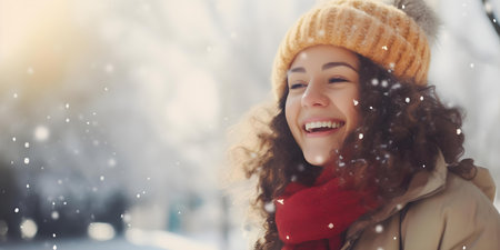 Cheerful woman embraces snowy adventure finding joy in winter wonderland. Concept Outdoor Photoshoot, Winter Wonderland, Adventure, Joyful Portraits, Snowy Sceneの素材