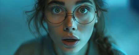 Startled woman wearing spectacles with an expression of astonishment on her face. Concept Surprised woman, Astonished facial expression, Eyeglasses, Started reaction, Emotional expressionの素材