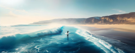 A skilled surfer rides the waves of a beautiful blue ocean beach. Concept Surfing, Ocean Beach, Skilled Athlete, Wave Rider, Blue Watersの素材