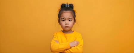 Defiant Asian girl child expressing frustration with crossed arms on yellow background. Concept Portrait Photography, Child Emotions, Defiance Pose, Asian Girl, Yellow Backgroundの素材