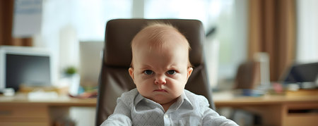 Furious infant entrepreneur vociferating within corporate confines of an office setting. Concept Infant Entrepreneur, Corporate Office, Furious Expression, Vociferating, Playful Propsの素材