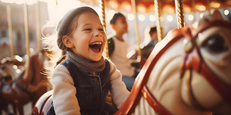 Enjoying Thrilling Rides and Laughter at the Amusement Park: A Family's Joyful Moment. Concept Amusement Park, Family Fun, Thrilling Rides, Joyful Laughter, Family Momentsの素材