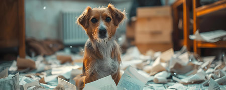 Troublesome Dog Sparks Mayhem in Cluttered Room by Shredding Papers. Concept Misbehaving Pets, Chaos at Home, Paper Shredding, Troublesome Dogの素材