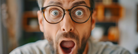 Man reacts with surprise and excitement to shocking news in a studio. Concept Excitement, Surprise, Reaction, Shocking News, Studioの素材