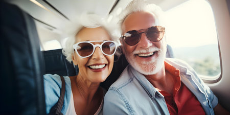 Seniors ready for adventure in an airplane capturing moments and craving new experiences. Concept Adventure, Airplane, Seniors, Moments, New Experiencesの素材