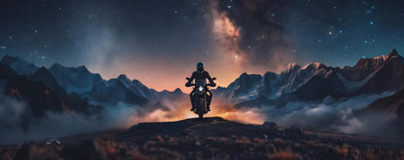 Motorcycle Adventure: Roaring through Mountainous Terrain Under a Starry Sky. Concept Mountain Exploration, Motorcycle Adventure, Starlit Sky, Nature Photography, Outdoor Adventuresの素材