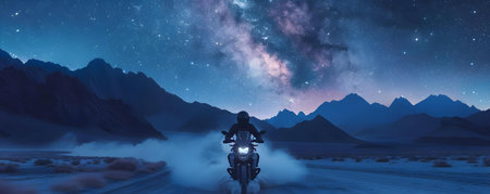 Nocturnal adventure Motorcycle roars through mountainous terrain under a starry sky. Concept Nighttime Ride, Mountain Escape, Adventure Travel, Starlit Journey, Motorcycle Explorationの素材