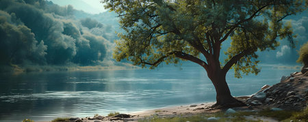 Serene Ukrainian landscape featuring a tree on the shore of the river Seret. Concept Nature Photography, Landscape Scenery, Serene Environment, Ukrainian Landmarks, River Shore Beautyの素材