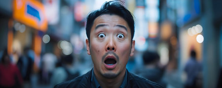 Startled Asian man displays astonishment reflecting diverse lifestyle and human interaction. Concept Asian Culture, Facial Expressions, Lifestyle, Human Interaction, Emotionsの素材