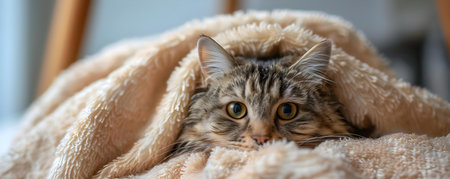 Wet and contented cat embraces a fluffy towel postbath enjoying pampering time. Concept Cats, Bath Time, Grooming, Pampering, Feline Happinessの素材