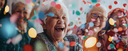 Elderly individuals joyfully celebrate a birthday at a retirement home radiating happiness. Concept Birthday Celebration, Elderly, Retirement Home, Joyful, Happinessの素材