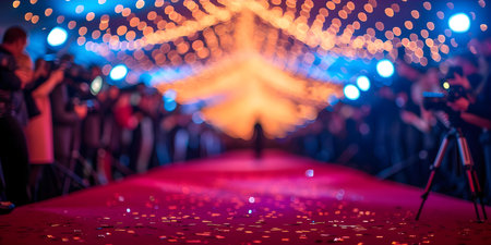 A glitzy event with photographers capturing celebrities on a red carpet. Concept Red Carpet Glamor, Celebrity Photoshoot, VIP Portraits, Paparazzi Moments, High-Fashion Shotsの素材