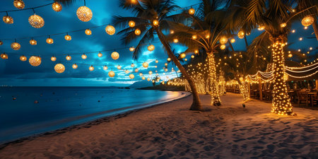 Christmas Palm Trees at the Beach: A Festive Scene. Concept Christmas Palm Trees, Tropical Holiday, Beach Decor, Festive Celebrationの素材