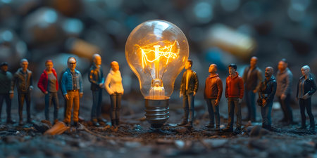 A group of miniature individuals generating a creative business idea under a metaphorical light bulb. Concept Creativity, Miniature Models, Business Ideas, Light Bulb, Teamworkの素材