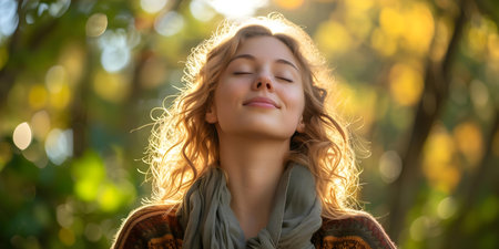 A contented young woman embraces natures beauty in a fall forest. Concept Nature, Fall, Forest, Outdoor, Embracing Beautyの素材