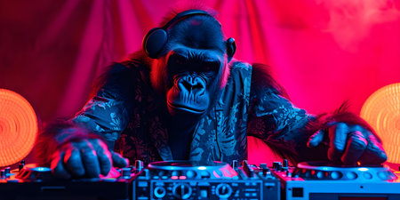A stylish gorilla DJ playing vibrant jungle beats with flair and groove. Concept Wildlife DJ, Jungle Vibes, Groovy Gorilla, Stylish Spinner, Vibrant Rhythmsの素材