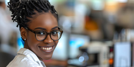 A diverse female scientist joyfully conducting research in a high-tech laboratory. Concept Scientist, Research, Diversity, High-Tech Lab, Joyfulの素材