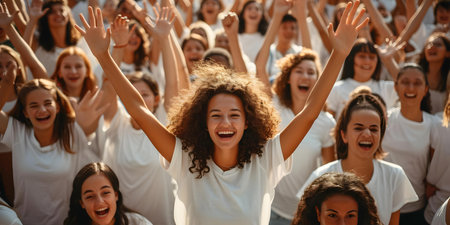 A diverse group of young people in white shirts celebrate at a lively street festival creating a vibrant atmosphere. Concept Street Festival, Celebration, Diverse Group, Vibrant Atmosphereの素材