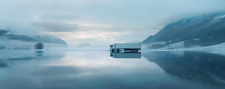 A refrigerated semi truck transporting cargo near a calm lake. Concept Transportation, Refrigerated Truck, Cargo, Lake View, Scenic Routeの素材