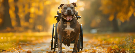 A resilient dog enjoying a wheelchair-assisted walk brimming with hope and adoption potential. Concept Animal Adoption, Resilience, Overcoming Challenges, Hope, Wheelchair Assistanceの素材