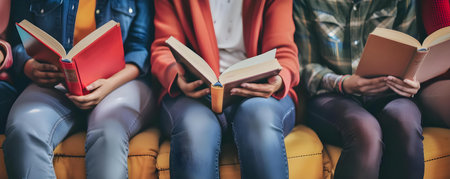 A group of multicultural individuals engaged in book reading at literary festival. Concept Multicultural Gathering, Book Reading, Literary Festival, Diverse Participants, Community Engagementの素材