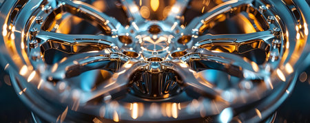 A closeup of a shiny and intricately designed metal wheel. Concept Metal Wheel, Close-up Shot, Intricate Design, Shiny Surface, Detailed Textureの素材