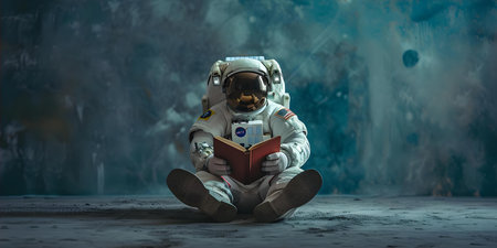 An astronaut engrossed in a book exploring new worlds and knowledge. Concept Exploration, Wonder, Astronaut, Reading, Discoveryの素材