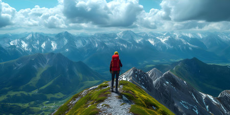 Adventurous hiker revels in the soothing embrace of nature atop a mountain. Concept Nature, Hiking, Adventure, Mountain, Reflectionの素材