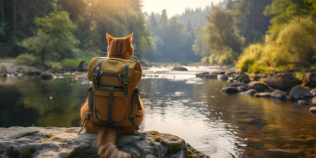 Cat hiker wearing backpack enjoys adventures with beautiful river and landscape. Concept Cute Cat Hiker, Backpack Adventures, Beautiful River, Scenic Landscapeの素材