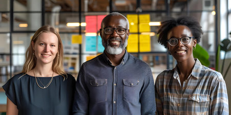 Diverse team collaboration at a startup with positive outcomes. Concept Teamwork, Diversity, Collaboration, Startup Culture, Positive Outcomesの素材