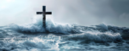 Symbolic cross immersed in turbulent waves of the vast ocean. Concept Spirituality, Nature, Symbolism, Cross, Oceanの素材
