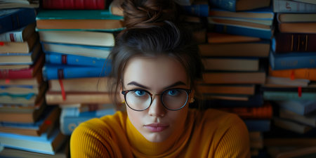 Woman immersing herself in books to broaden her knowledge through enthusiastic reading. Concept Bookworm, Knowledge Seeking, Enthusiastic Reader, Lifelong Learnerの素材