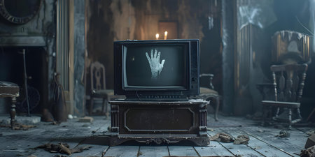 ErieghostlyhandlingersonthevintageTVscreeninhauntedhouse. Concept Eerie Ghostly Hands, Vintage TV Screen, Haunted House, Creepy Atmosphere, Paranormal Activityの素材