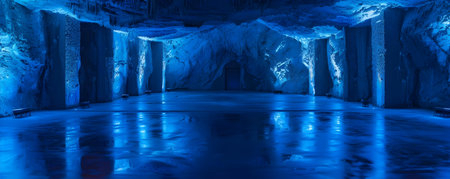 Dark underground with blue lighting perfect for text or product placement. Concept Underground Setting, Blue Lighting, Text Placement, Product Placementの素材