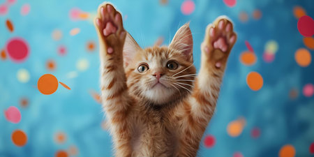 Animated cat greets with a wave Playful feline against vibrant blue backdrop. Concept Cat Greeting, Playful Feline, Vibrant Backdrop, Animated, Waving Poseの素材