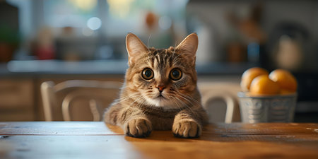 Curious Cat Gracefully Perched on Tabletop. Concept Cute Pets, Curious Cats, Tabletop Photographyの素材