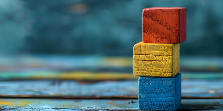 Building Diversity and Growth: Colorful Wooden Blocks Stacked with Negative Space. Concept Diversity, Growth, Colorful, Wooden Blocks, Negative Spaceの素材