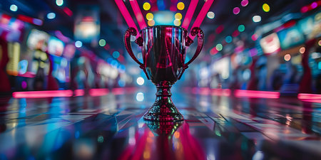 Shiny Neon Trophy Cup. Concept Neon Lights, Metallic Finish, Glowing Trophy, Celebration, Winning Achievementの素材