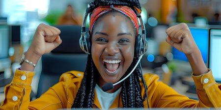 Achieving Telemarketing Sales Success: Celebration of an African Woman in a Call Center Office. Concept Sales Techniques, Call Center Culture, African Woman Empowerment, Telemarketing Strategiesの素材