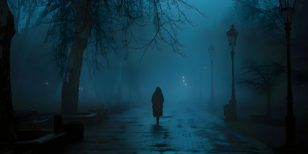 Alone in the Mist: A Figure Walking through a Park Alley at Night. Concept Mystery, Night Photography, Park Setting, Solitude, Atmospheric Shotの素材