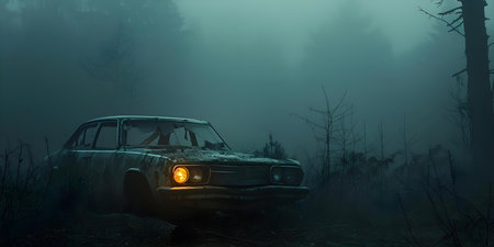 A car illuminated by an otherworldly light sits abandoned in a foggy forest. Concept Abandoned Car, Otherworldly Light, Foggy Forest, Mysterious Sceneの素材