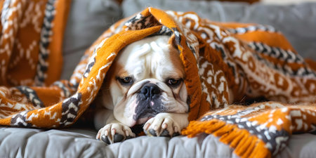 Comfort-seeking Sad English Bulldog rests on couch cuddled under blanket. Concept Pets, Dogs, Comfort, Sadness, Couchの素材