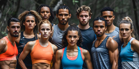 Diverse group of athletes in training gear pose together outdoors. Concept Athletes, Training Gear, Diverse Group, Outdoors, Posesの素材