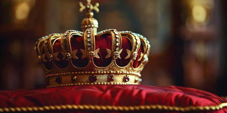 Symbol of royal authority and honor: Golden crown on velvet pillow. Concept Royalty, Authority, Honor, Crown, Velvet Pillowの素材