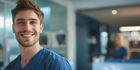 A young male medical professional in a modern clinic smiling at camera. Concept Portrait, Young Professional, Medical Clinic, Smiling, Modern Settingの素材