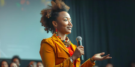 Inspiring African American businesswoman delivers empowering keynote speech to diverse audience on stage. Concept Professionalism, Motivation, Keynote Speaking, Diversity, African American Leaderの素材