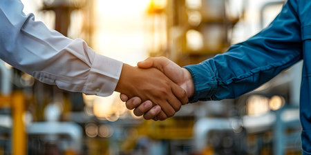 Engineers seal business deal at oil pump site with handshake. Concept Business, Engineering, Oil Industry, Sealing a Deal, Handshakeの素材