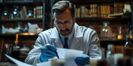 Examining evidence in criminal investigation forensic scientist studies crime scene details closely. Concept Forensic Science, Crime Scene Investigation, Evidence Examination, Criminal Investigationの素材
